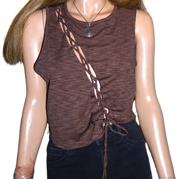 Divided Brown Tie Up Tank Top XL - Picture 1 of 6